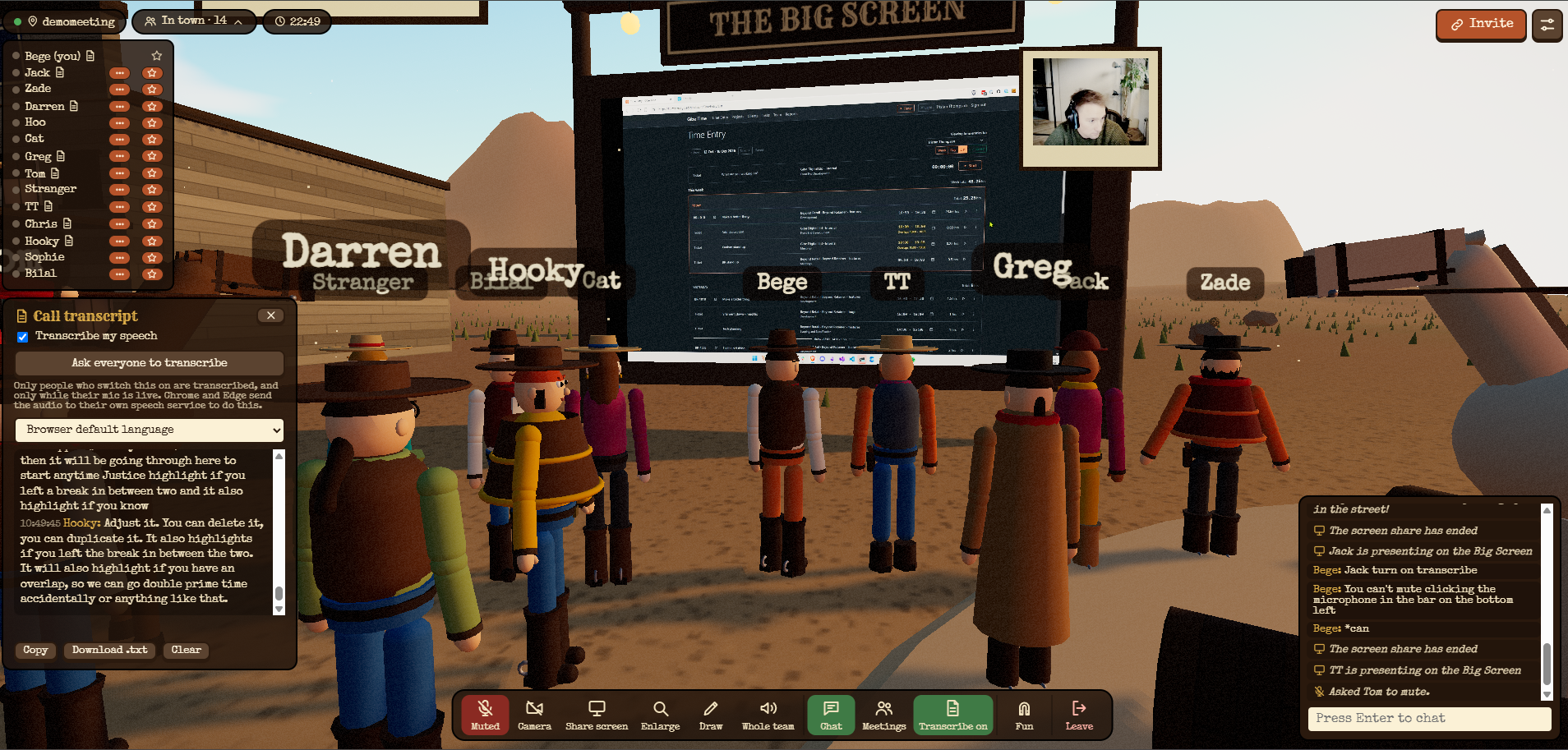 16 person cowboy themed video conference sharing a screen