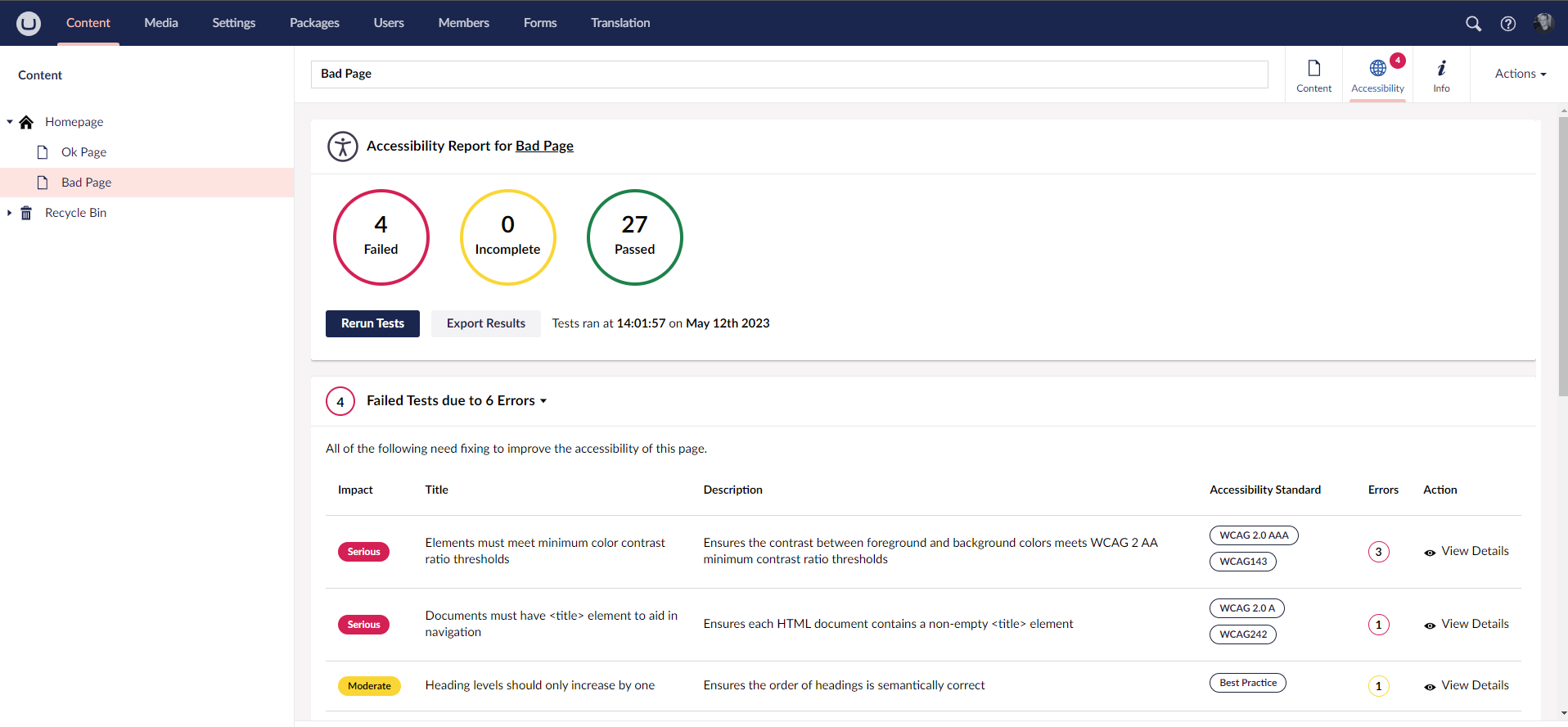 Screenshot of accessibility report in Umbraco