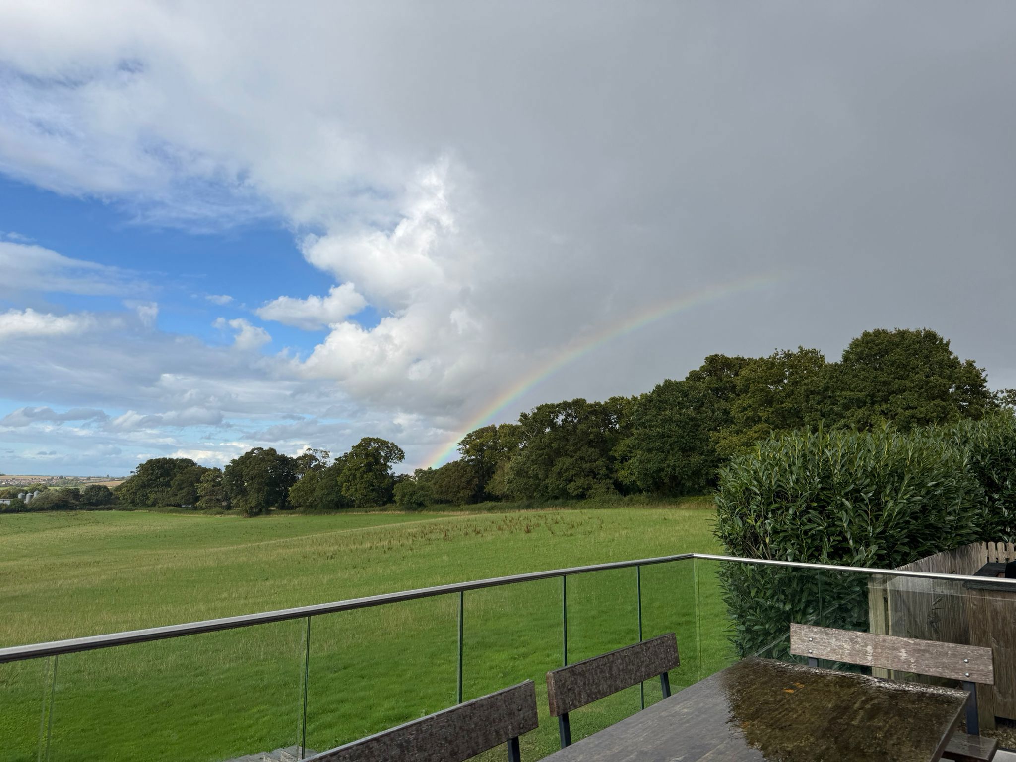 The view from the house we stayed in for the 2025 company trip: a field surrounded by trees, with a rainbow in the background