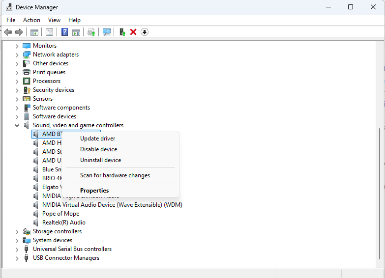 Screenshot of device manager showing the option to Disable device for a the AMD BT Audio Device